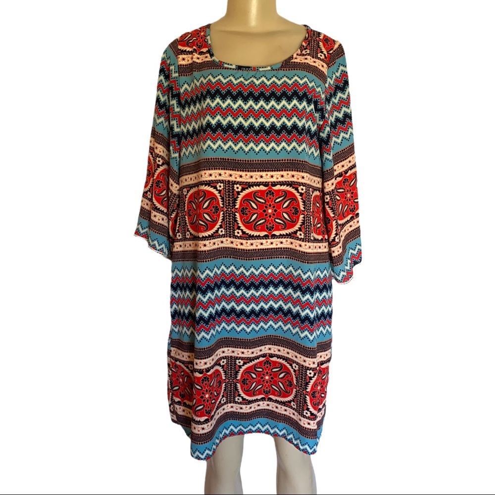 Peach Love California Boho Ethnic Aztec Tribal Tunic Dress Lined Kimono Sleeve